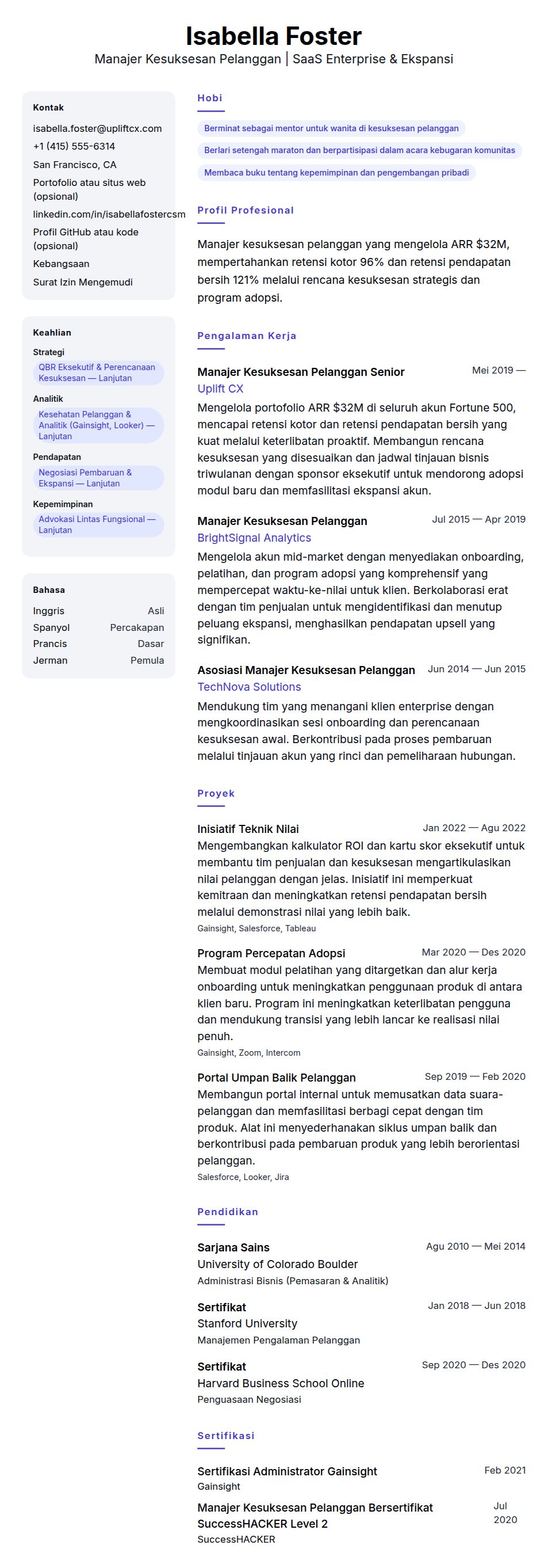 Pratinjau resume Contoh Resume Manajer Kesuksesan Pelanggan
