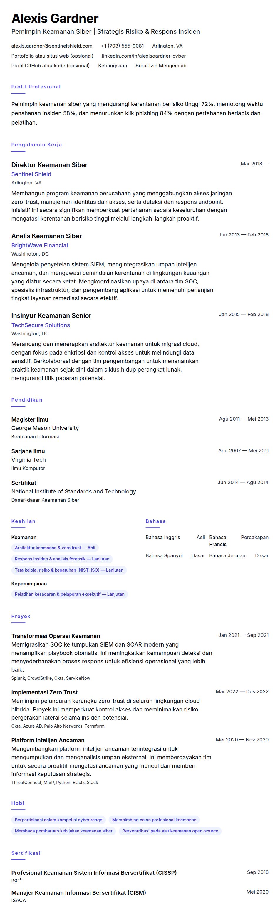 Pratinjau resume Contoh Resume Profesional Keamanan Siber