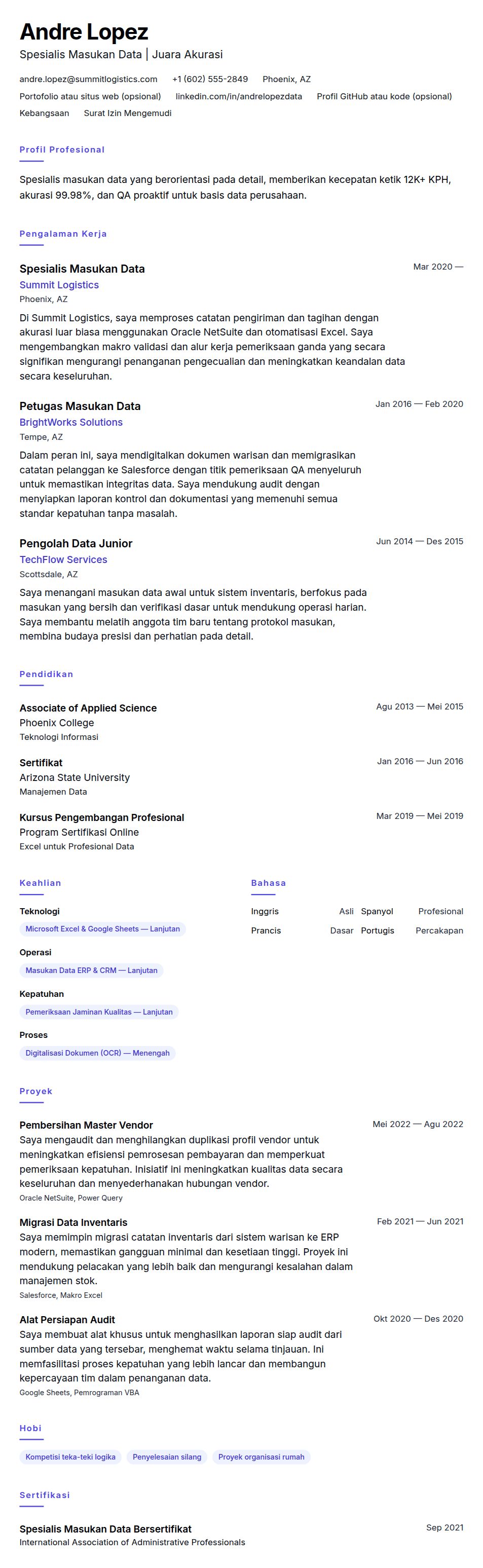 Pratinjau resume Contoh Resume Spesialis Masukan Data