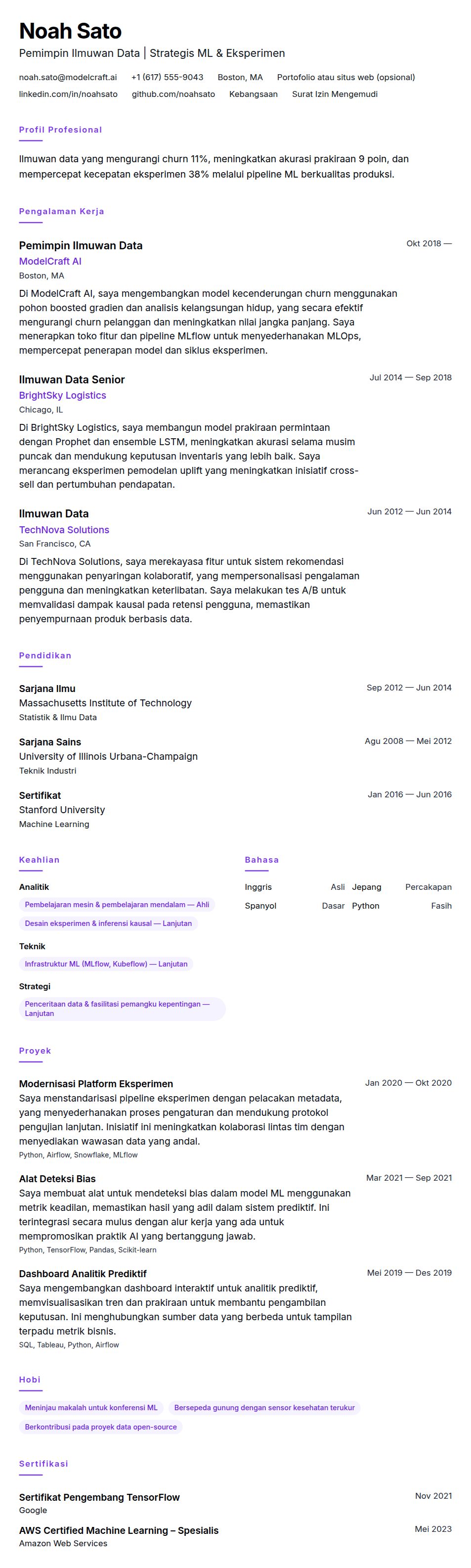 Pratinjau resume Contoh Resume Ilmuwan Data