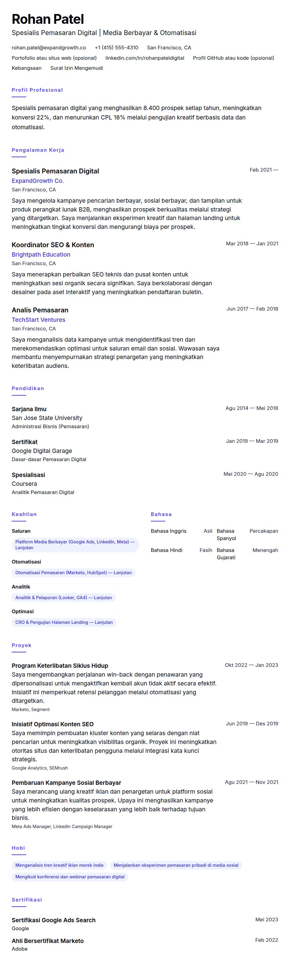 Pratinjau resume Contoh Resume Spesialis Pemasaran Digital