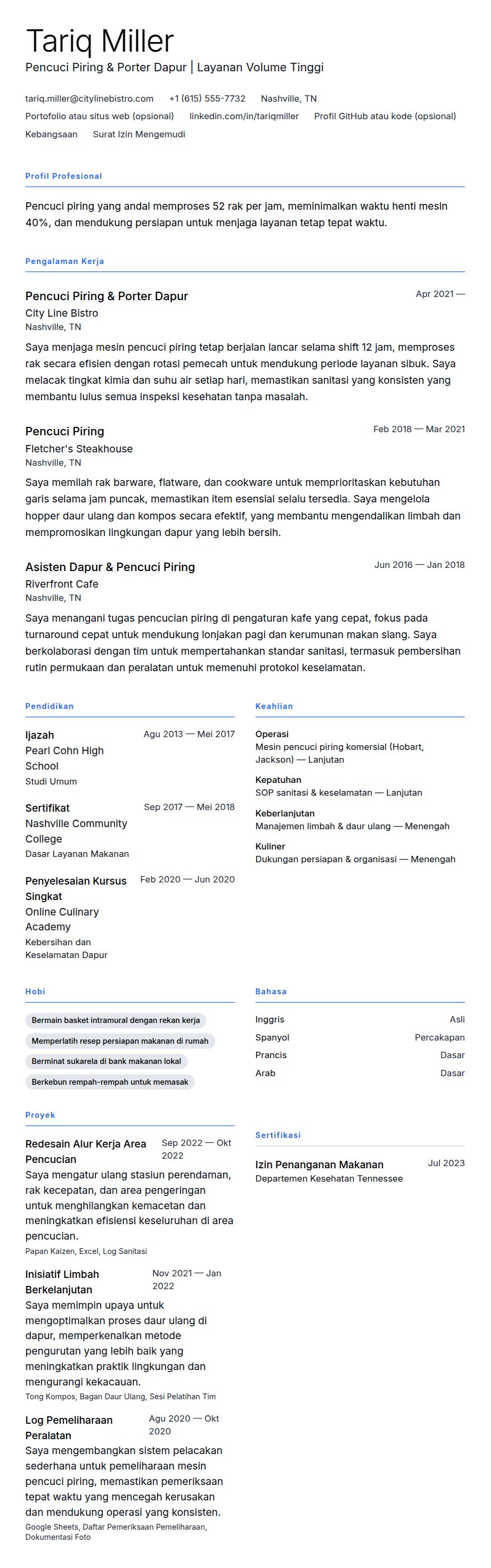 Pratinjau resume Contoh Resume Pencuci Piring