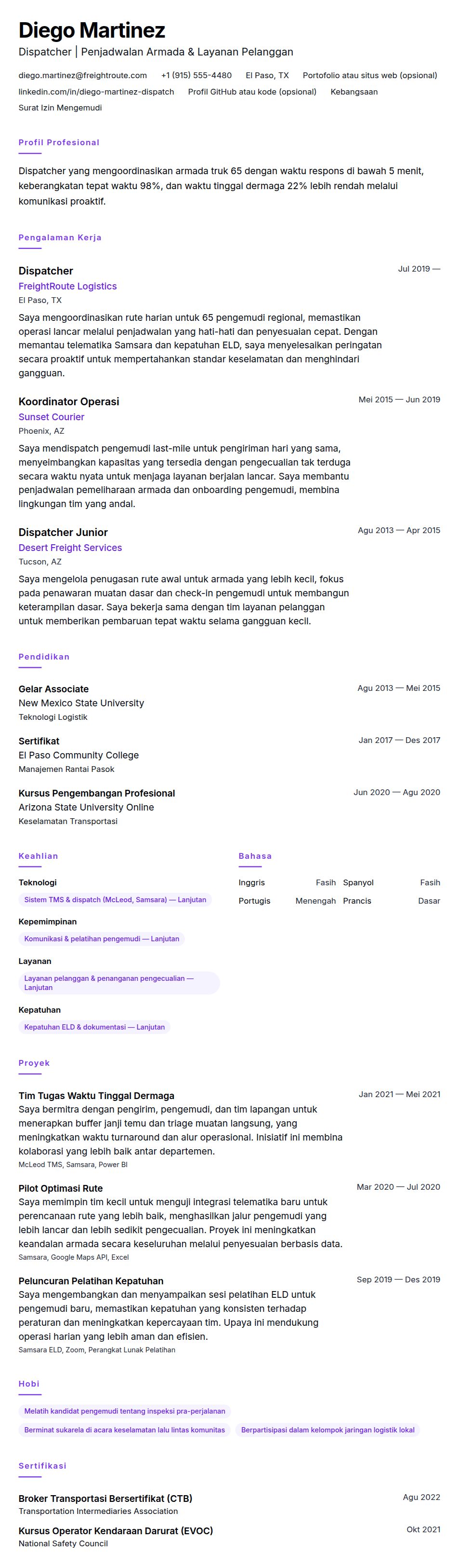 Contoh Resume Dispatcher
