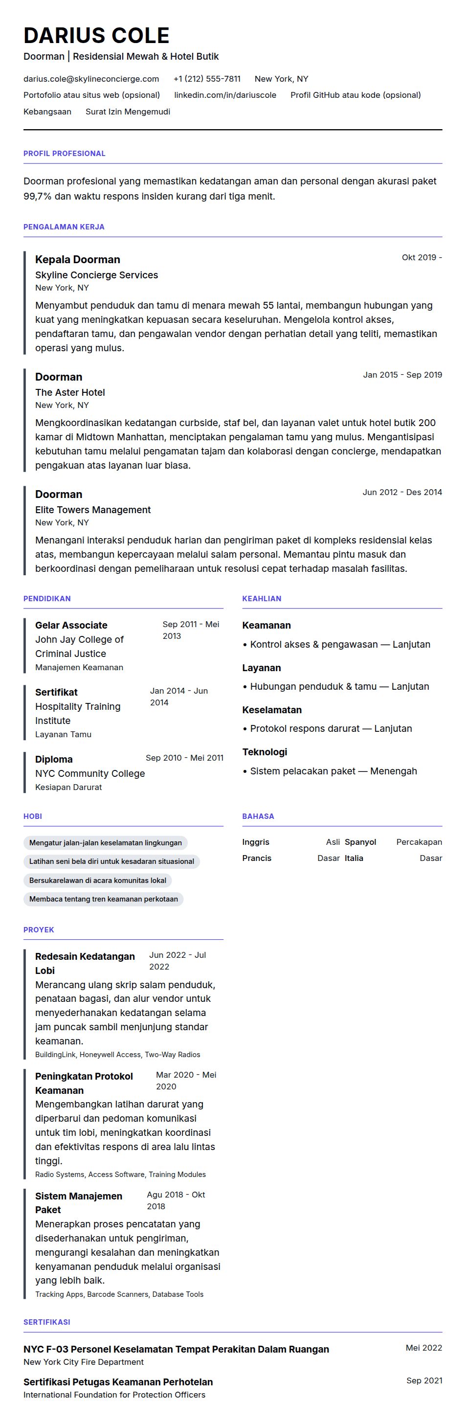 Pratinjau resume Contoh Resume Doorman