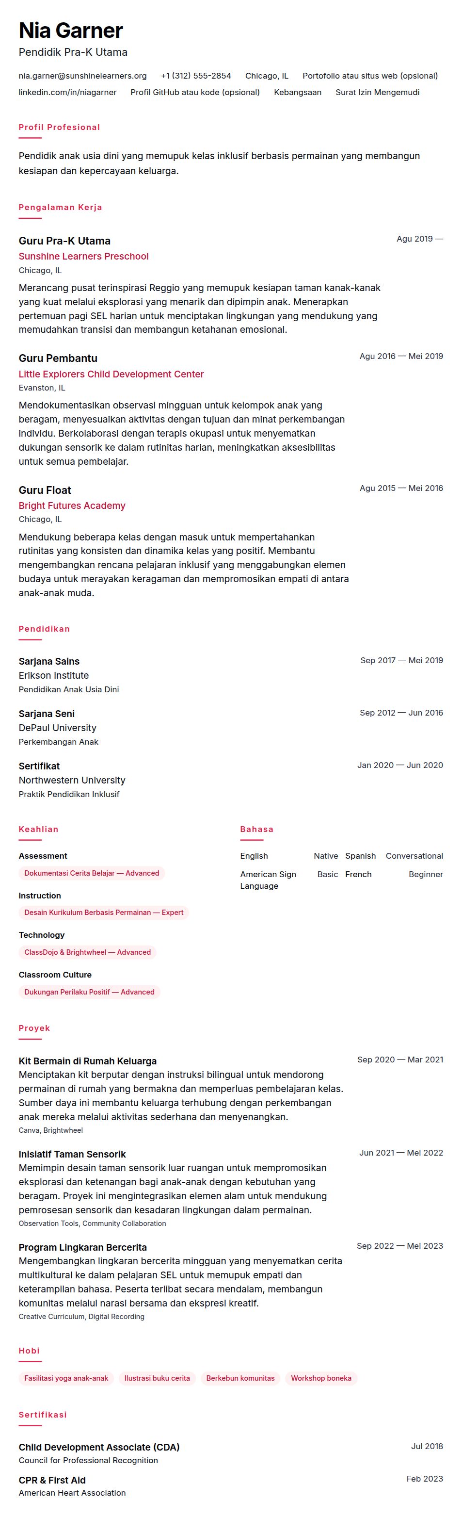 Pratinjau resume Contoh Resume Pendidik Anak Usia Dini