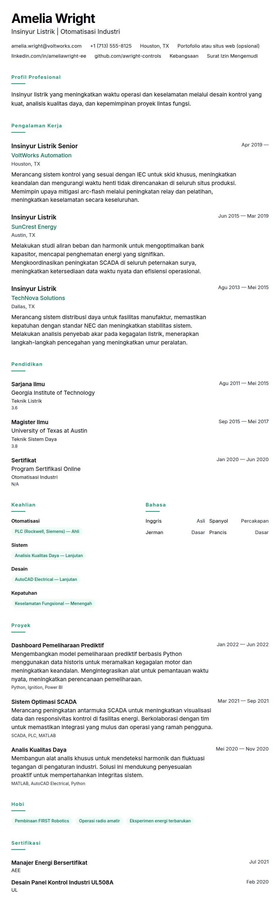 Pratinjau resume Contoh Resume Insinyur Listrik