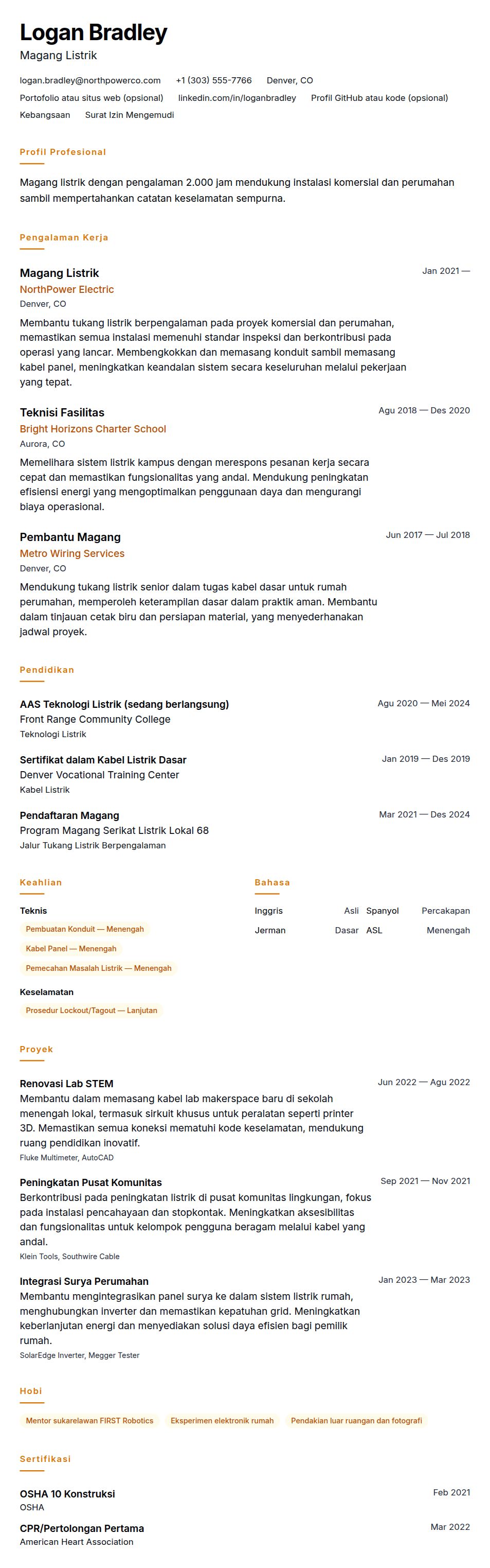 Pratinjau resume Contoh Resume Magang Tukang Listrik