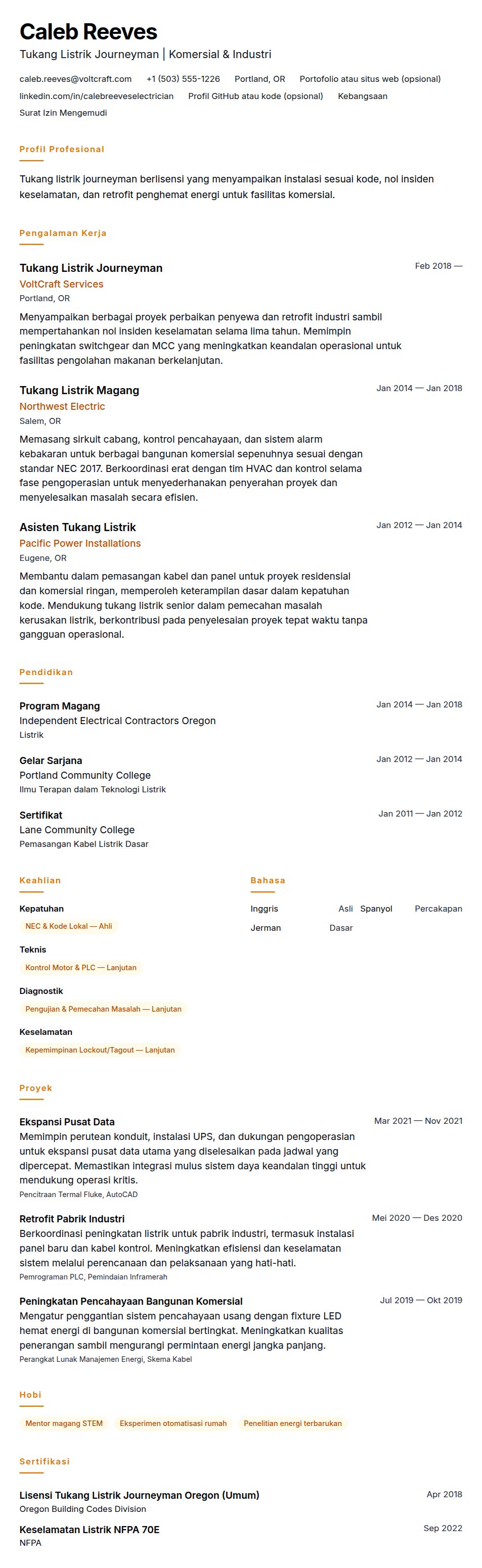 Pratinjau resume Contoh Resume Tukang Listrik