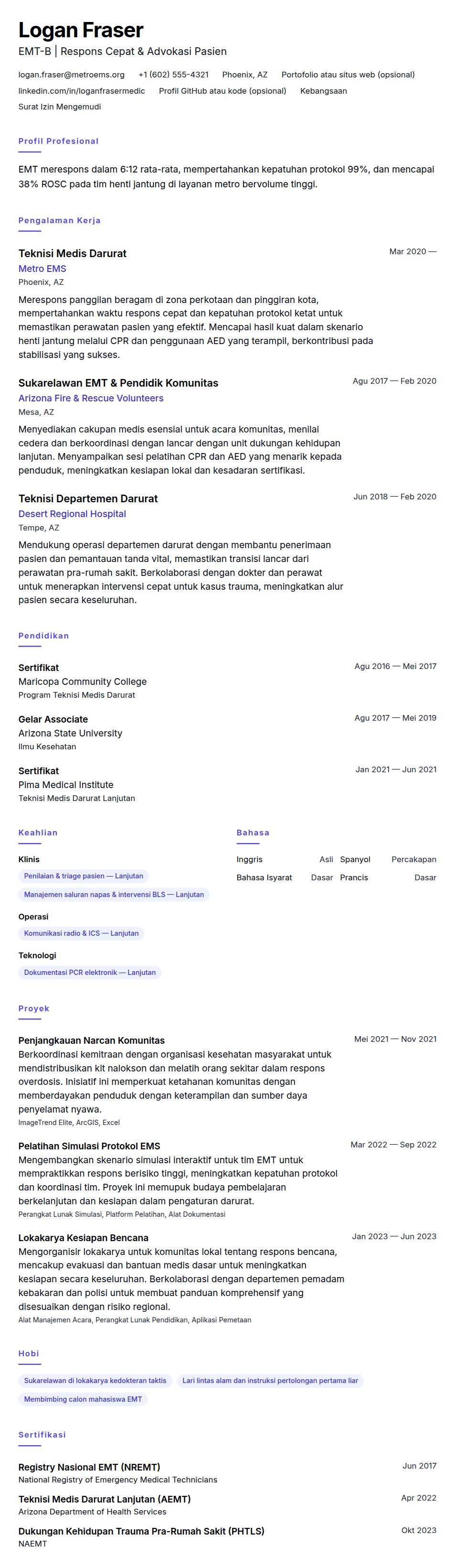 Pratinjau resume Contoh Resume Teknisi Medis Darurat (EMT)