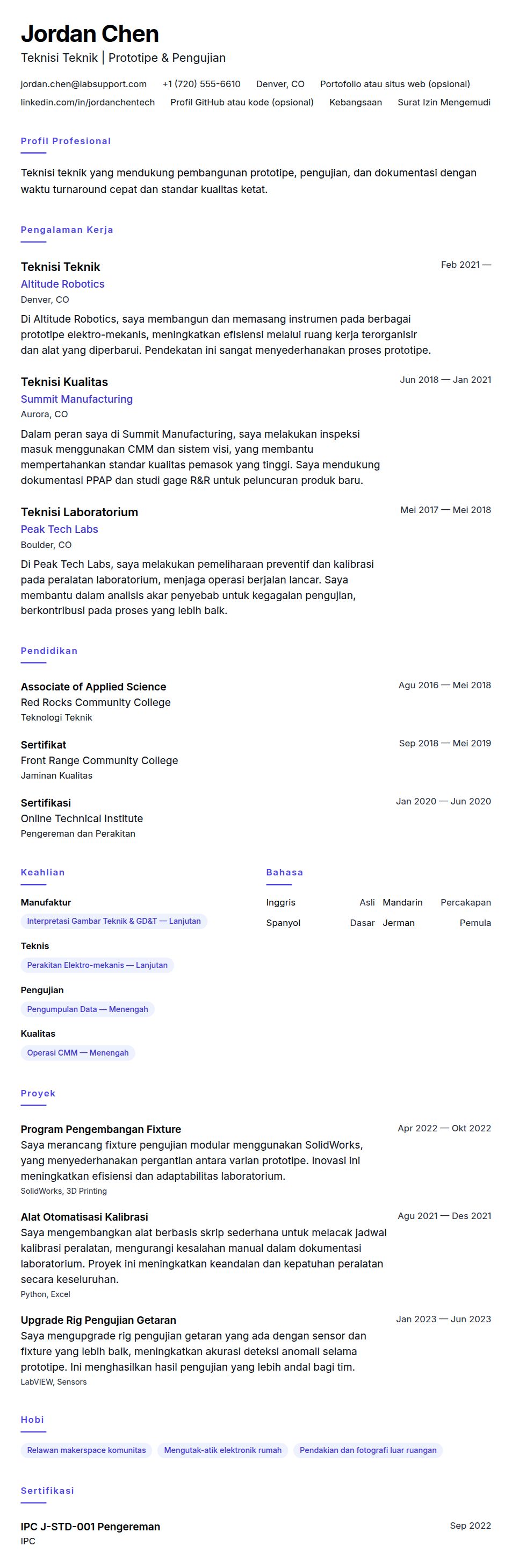 Pratinjau resume Contoh Resume Teknisi