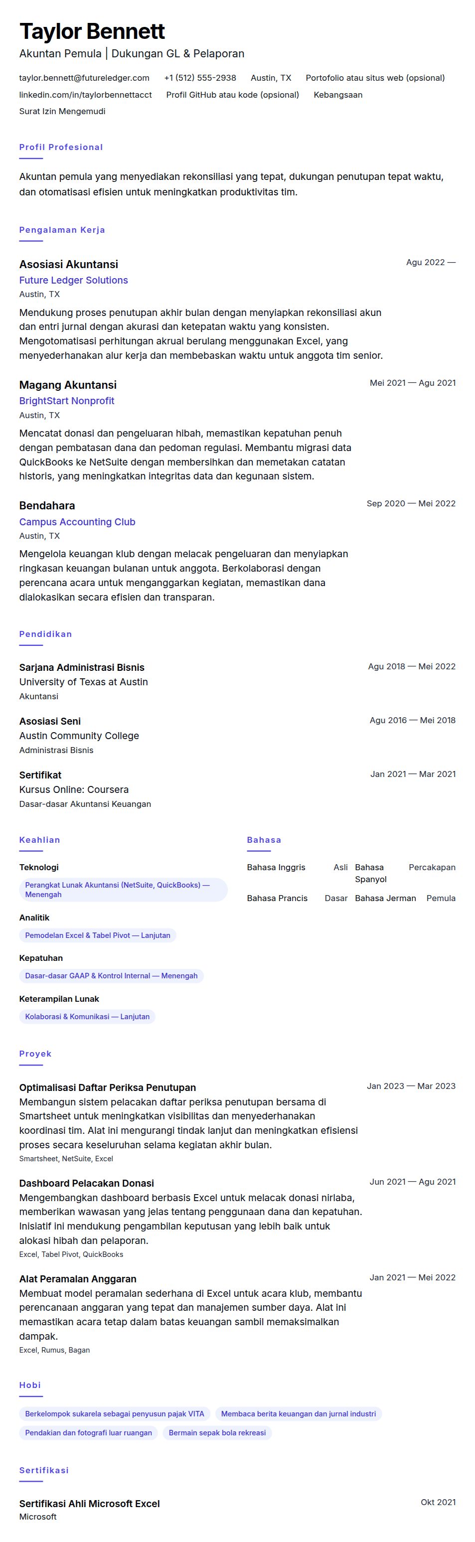 Pratinjau resume Contoh Resume Akuntan Pemula