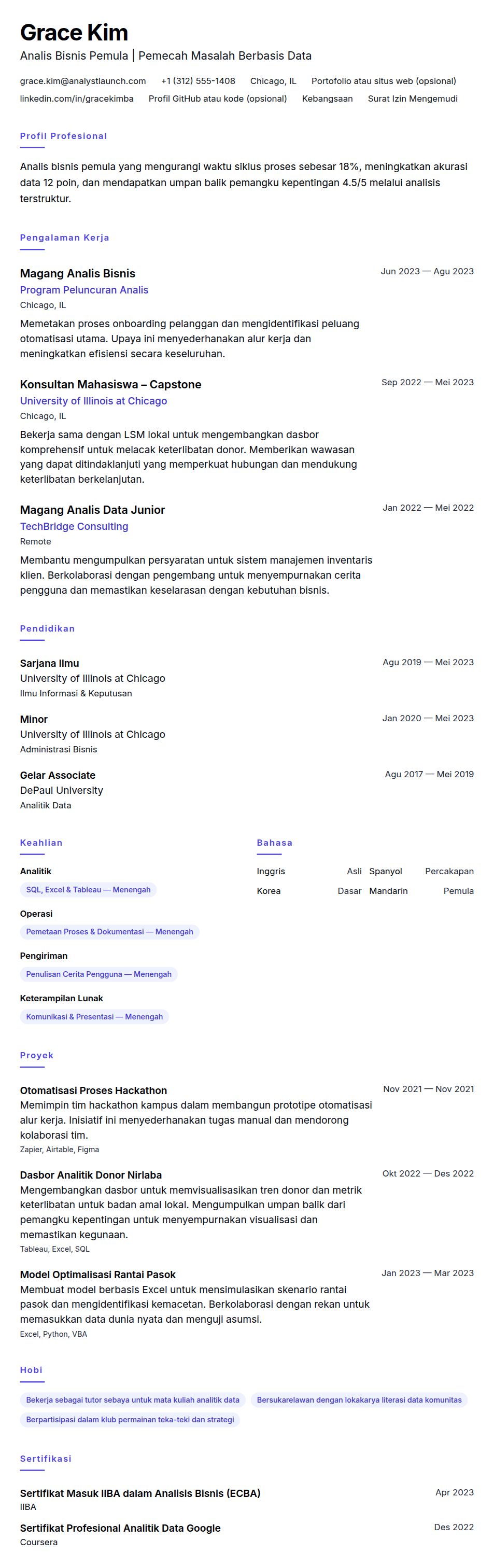 Pratinjau resume Contoh Resume Analis Bisnis Pemula