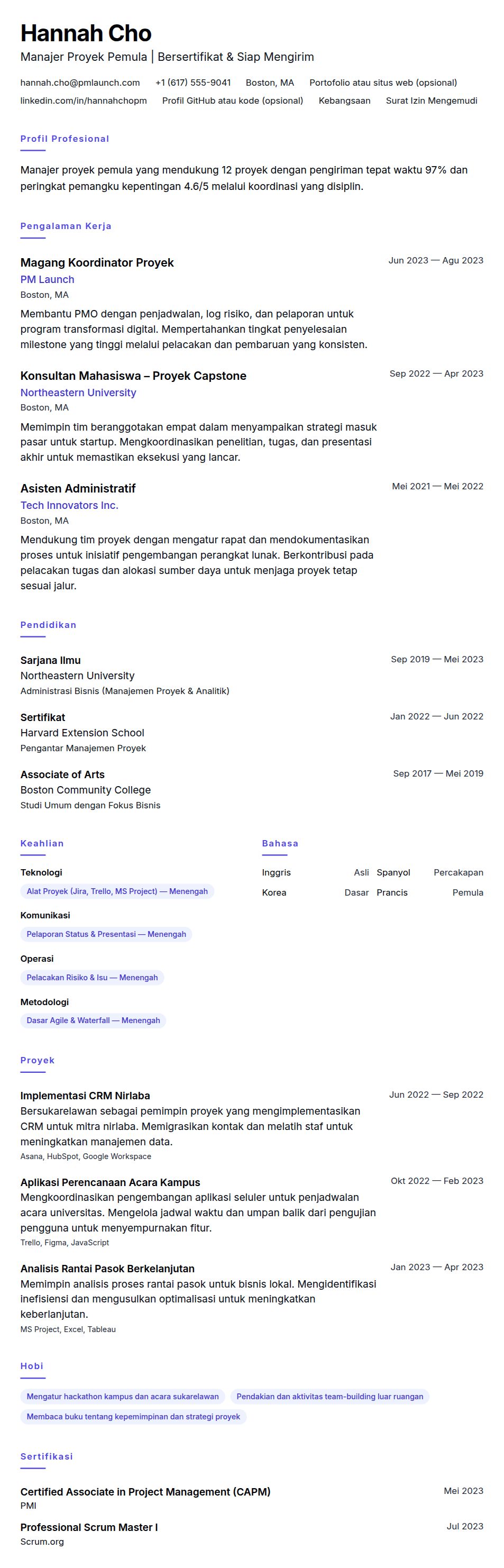 Pratinjau resume Contoh Resume Manajer Proyek Pemula