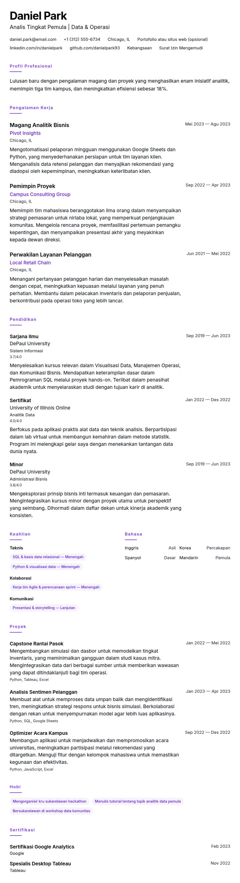 Pratinjau resume Contoh Resume Resume Tingkat Pemula