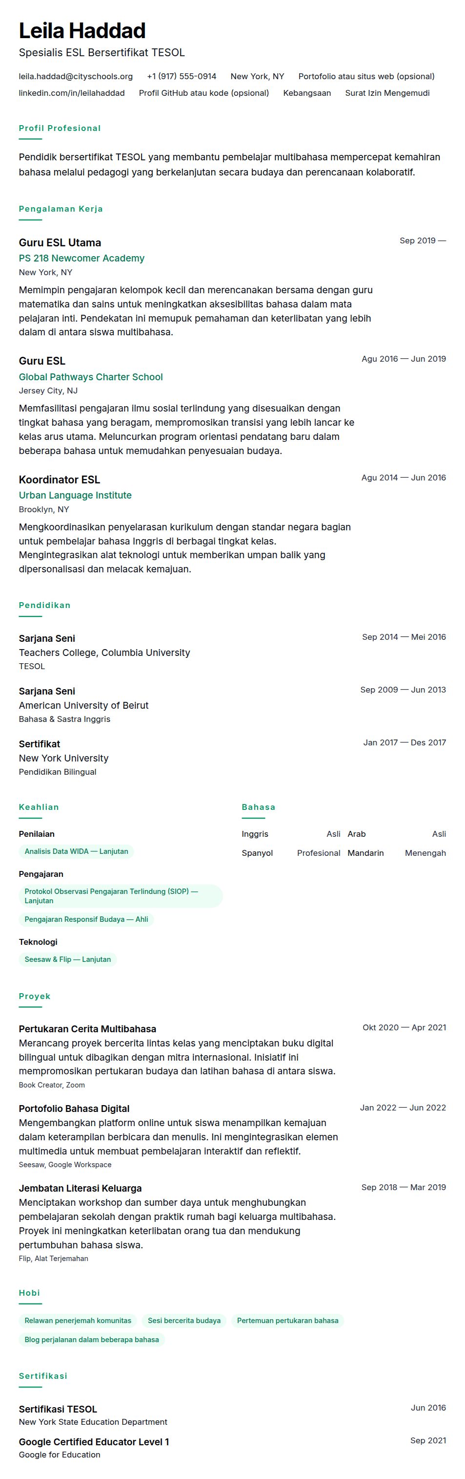 Pratinjau resume Contoh Resume Guru ESL