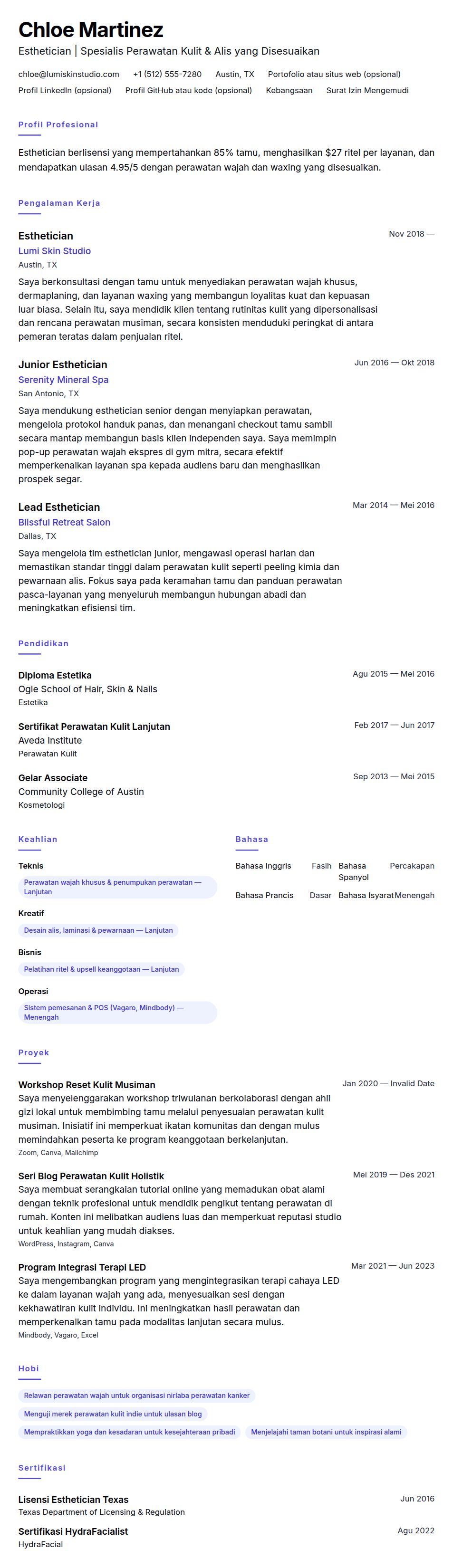 Pratinjau resume Contoh Resume Esthetician