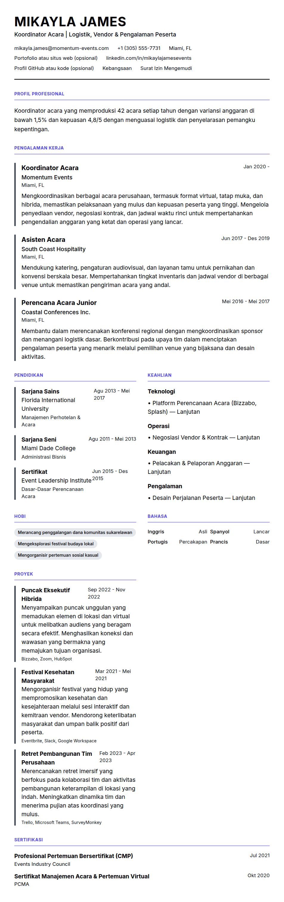 Pratinjau resume Contoh Resume Koordinator Acara