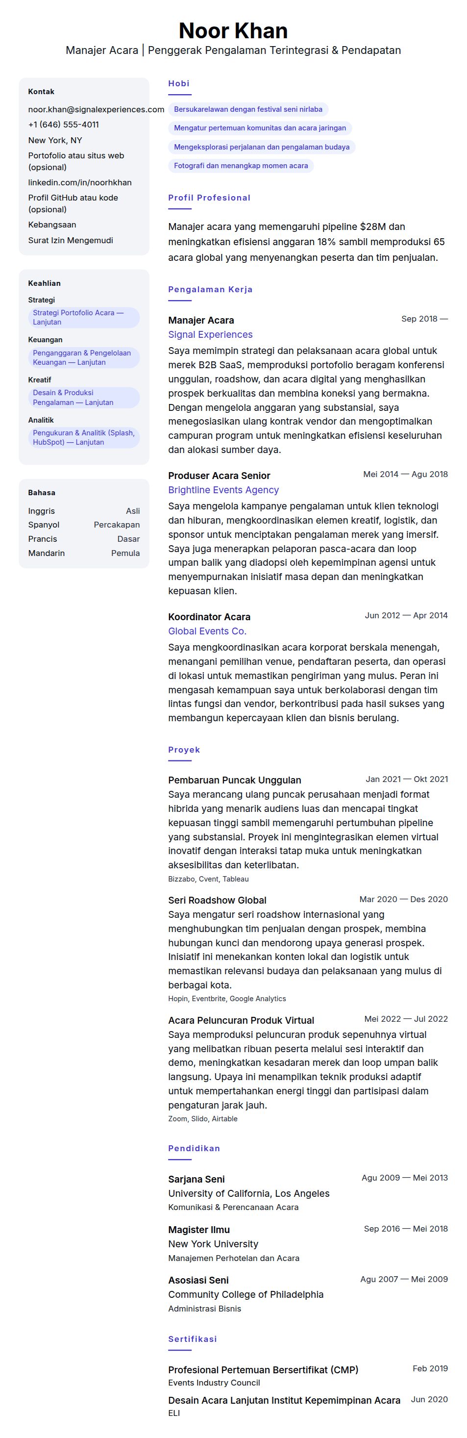 Pratinjau resume Contoh Resume Manajer Acara