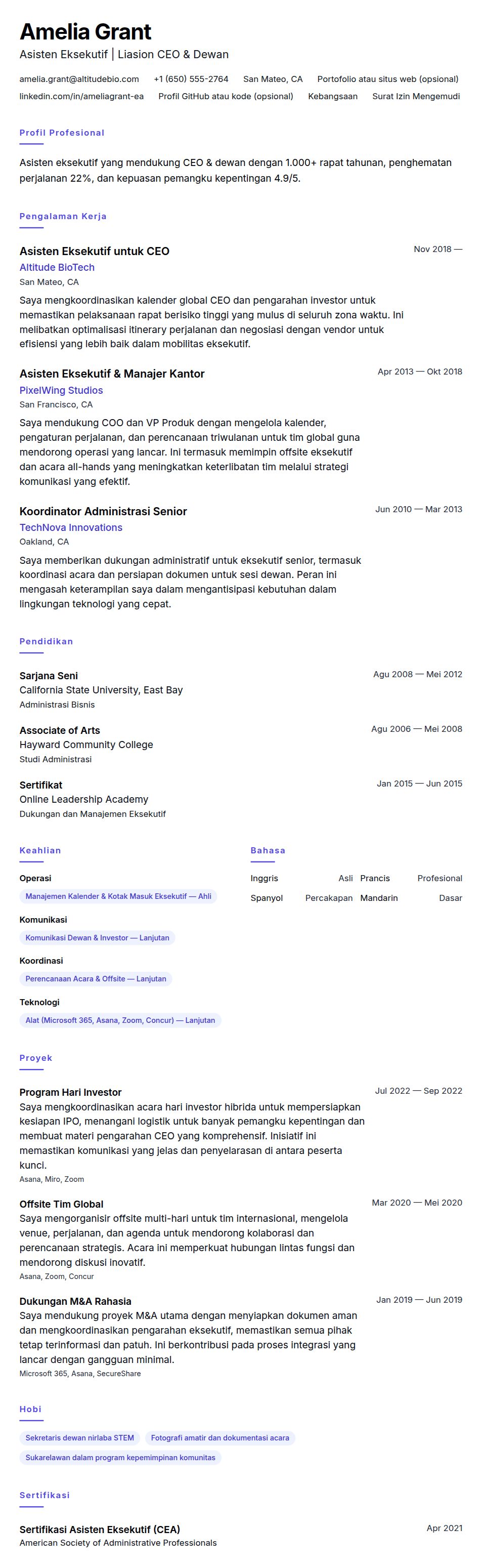 Pratinjau resume Contoh Resume Asisten Eksekutif