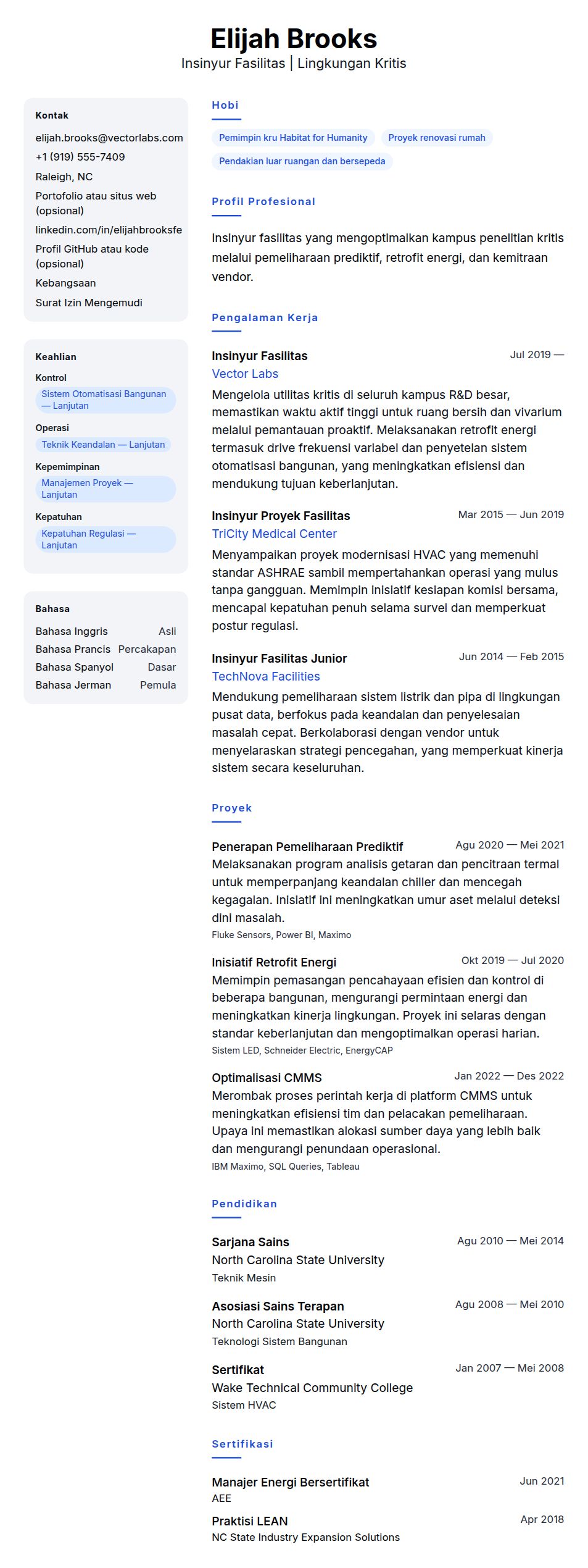 Pratinjau resume Contoh Resume Insinyur Fasilitas
