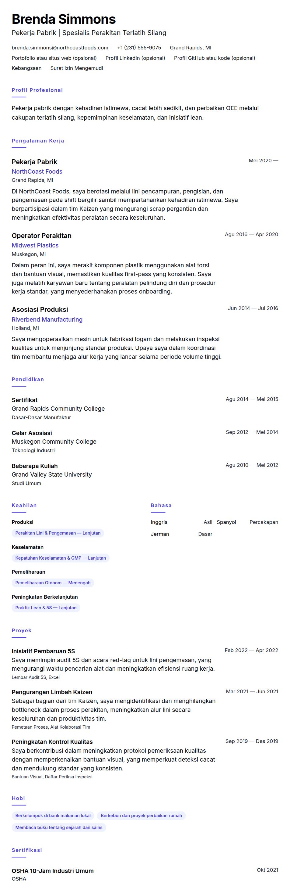 Pratinjau resume Contoh Resume Pekerja Pabrik