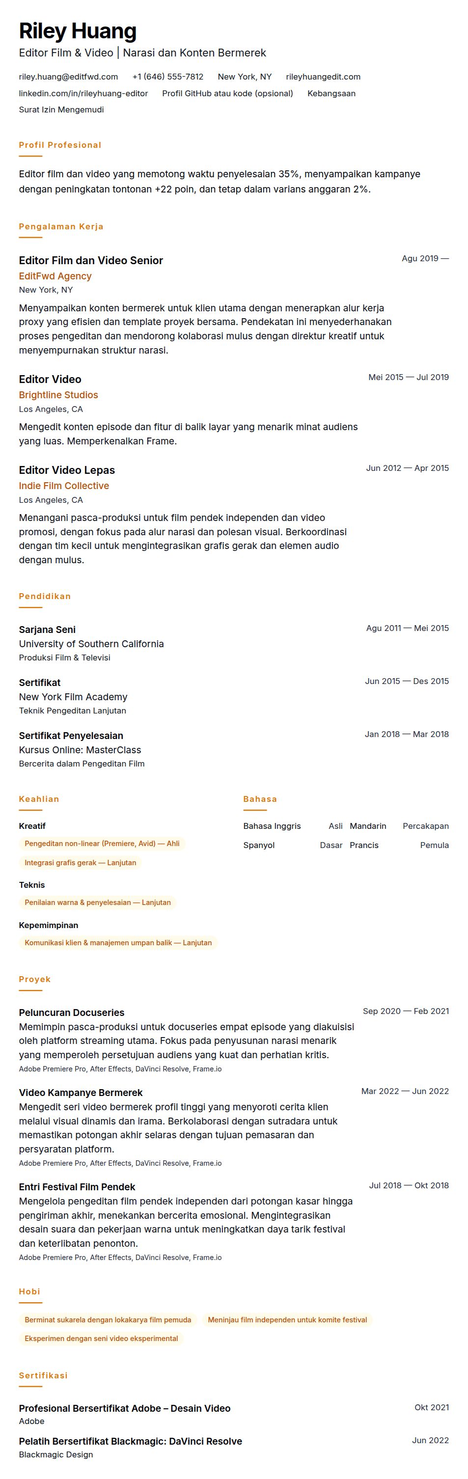 Pratinjau resume Contoh Resume Editor Film dan Video