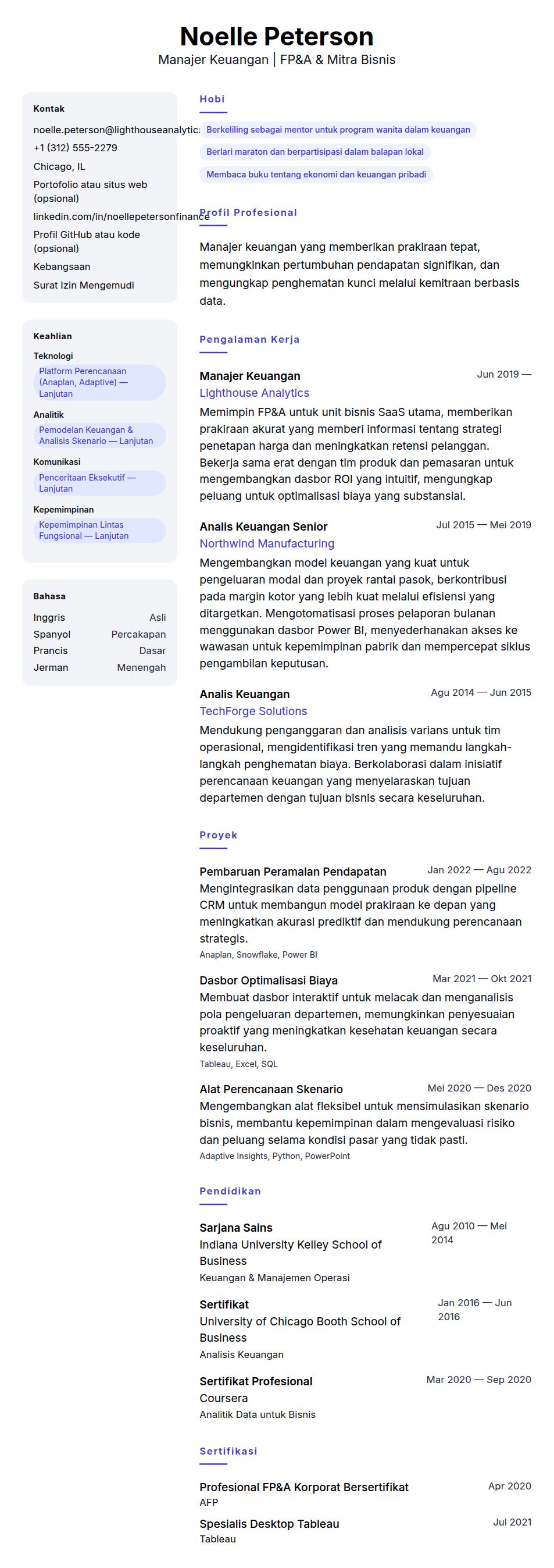 Pratinjau resume Contoh Resume Manajer Keuangan