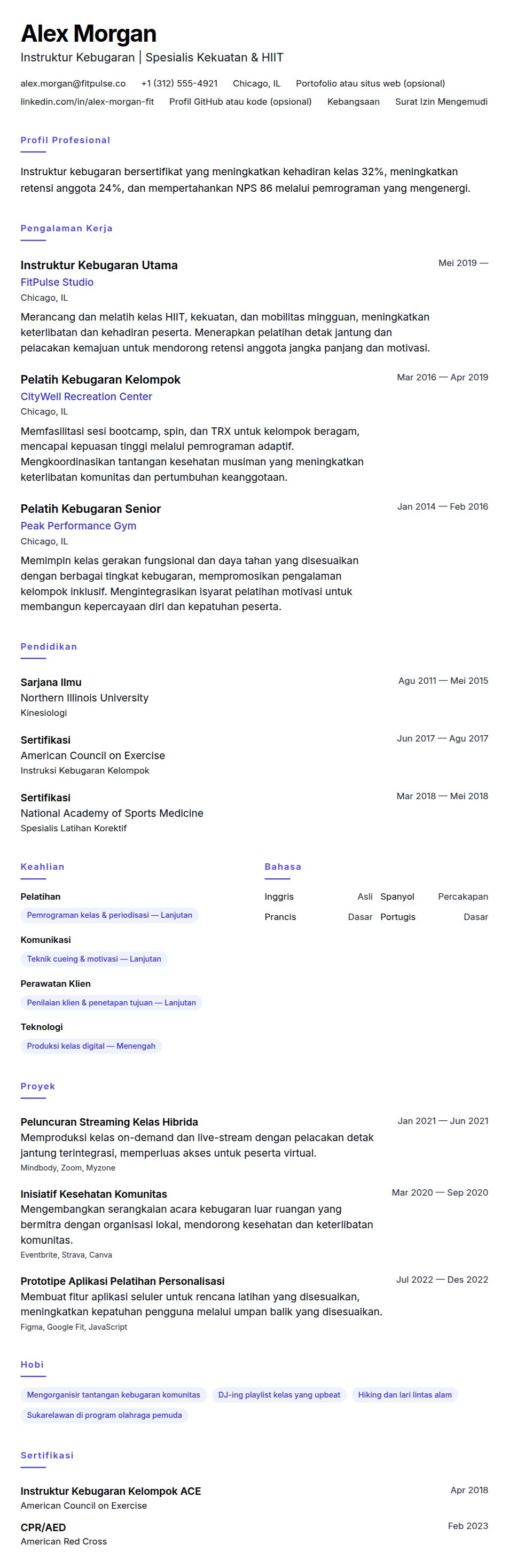 Pratinjau resume Contoh Resume Instruktur Kebugaran