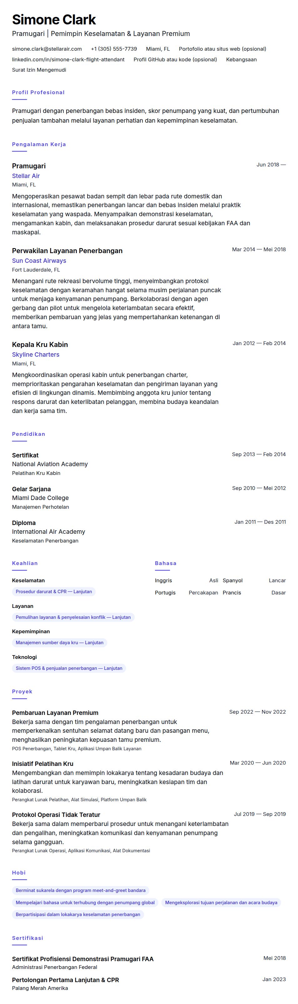 Contoh Resume Pramugari