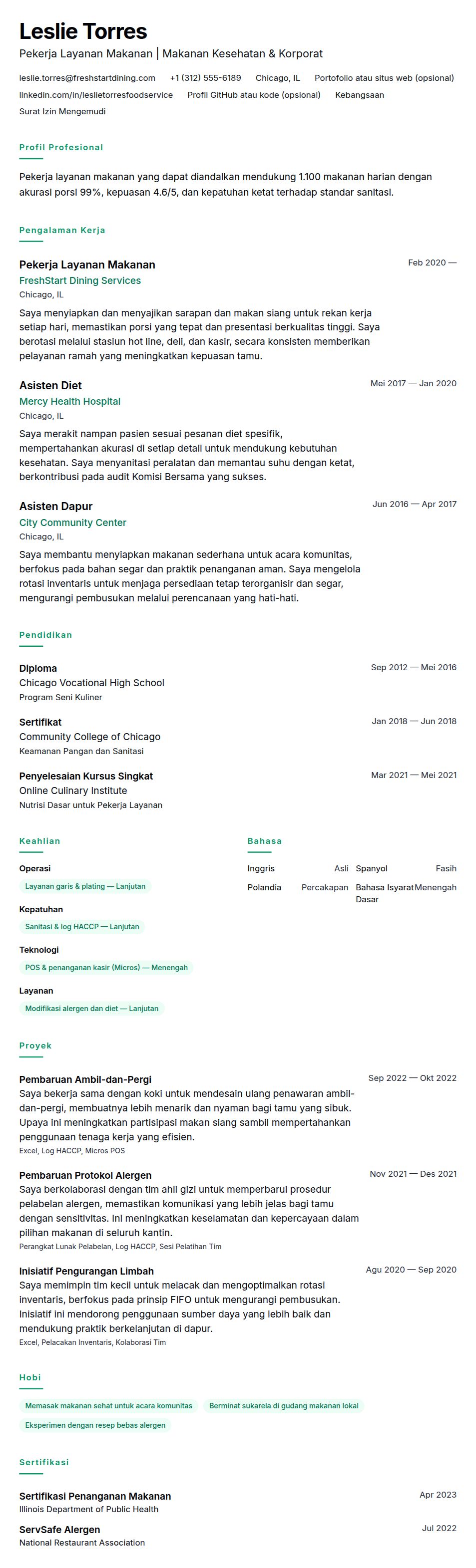 Contoh Resume Pekerja Layanan Makanan