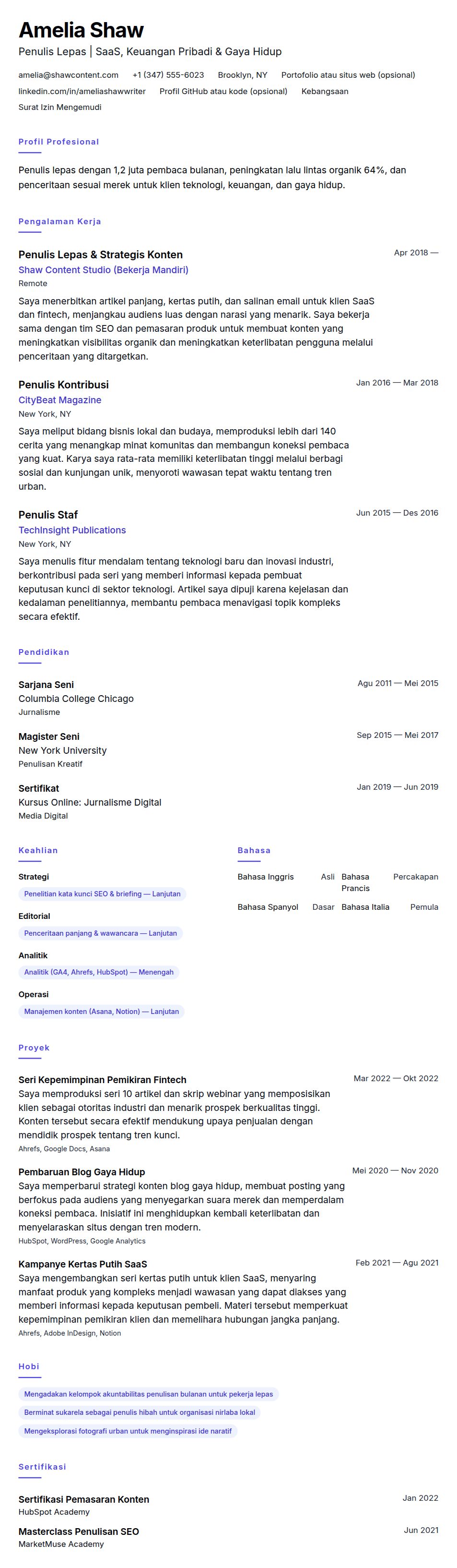 Pratinjau resume Contoh Resume Penulis Lepas