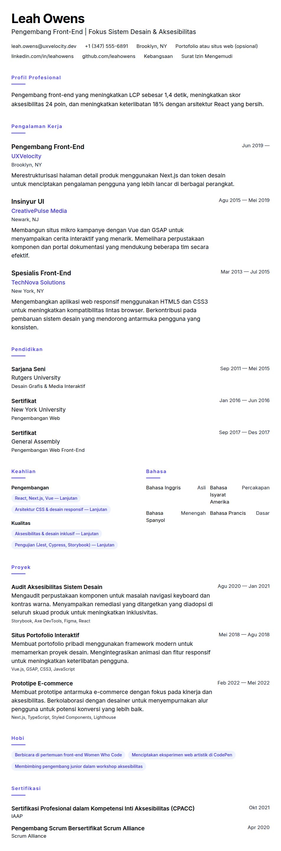 Pratinjau resume Contoh Resume Pengembang Front-End