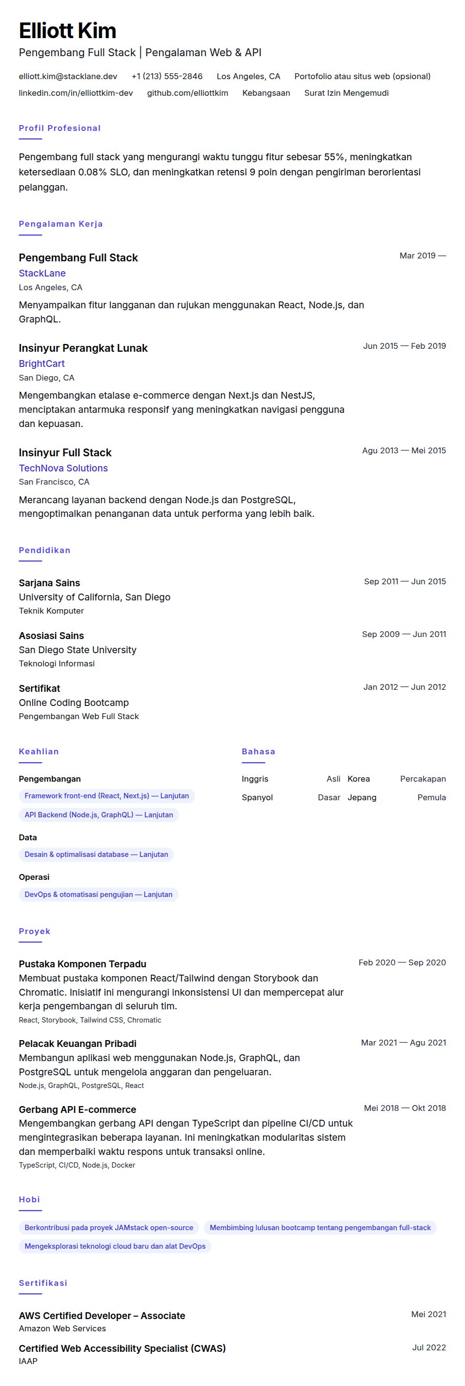 Pratinjau resume Contoh Resume Pengembang Full Stack