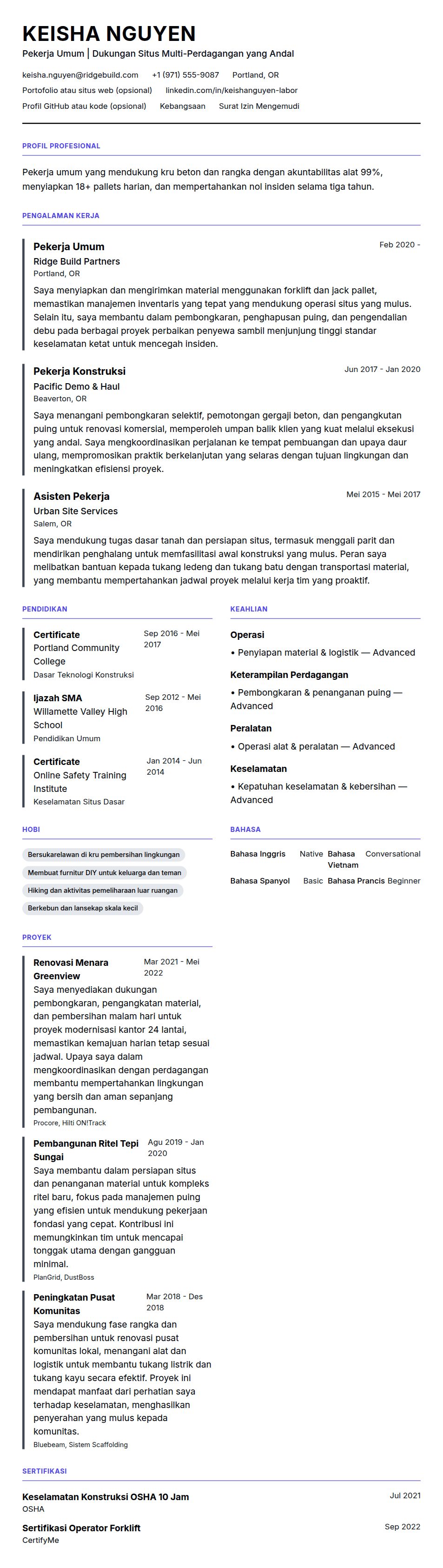 Contoh Resume Pekerja Umum