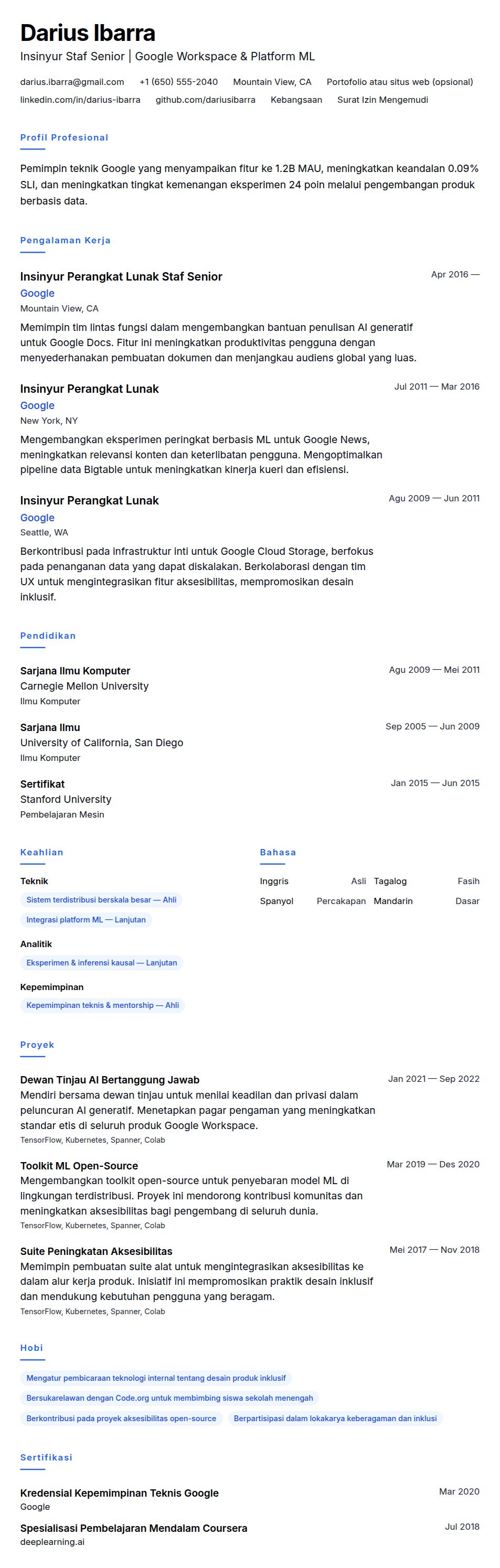 Pratinjau resume Contoh Resume Google