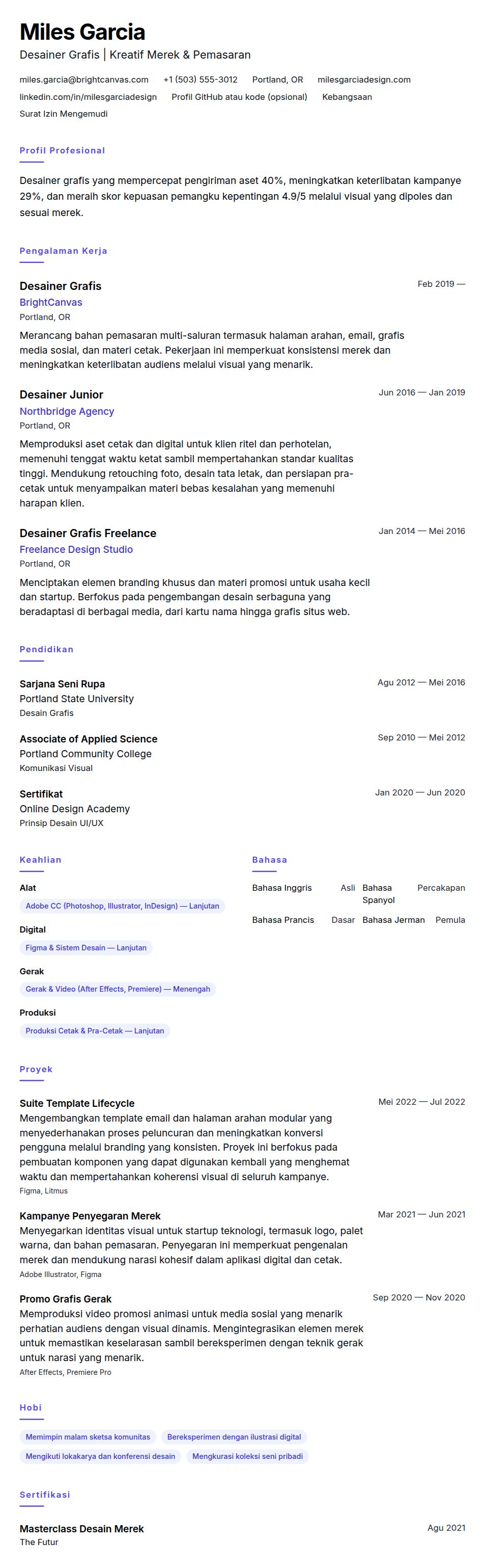 Pratinjau resume Contoh Resume Desainer Grafis