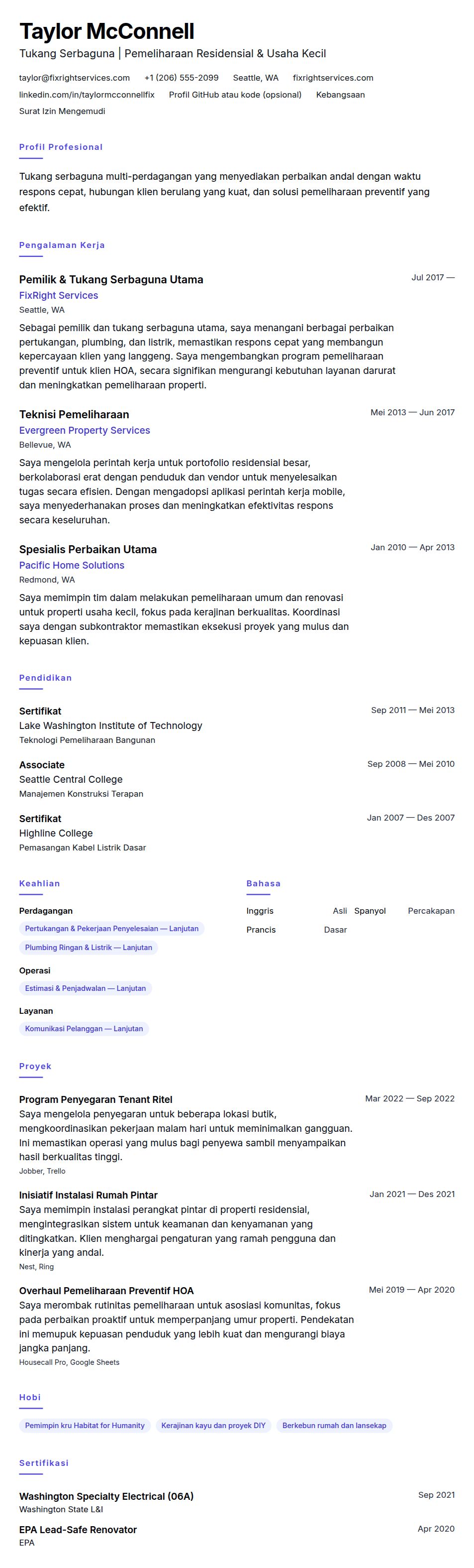 Pratinjau resume Contoh Resume Tukang Serbaguna