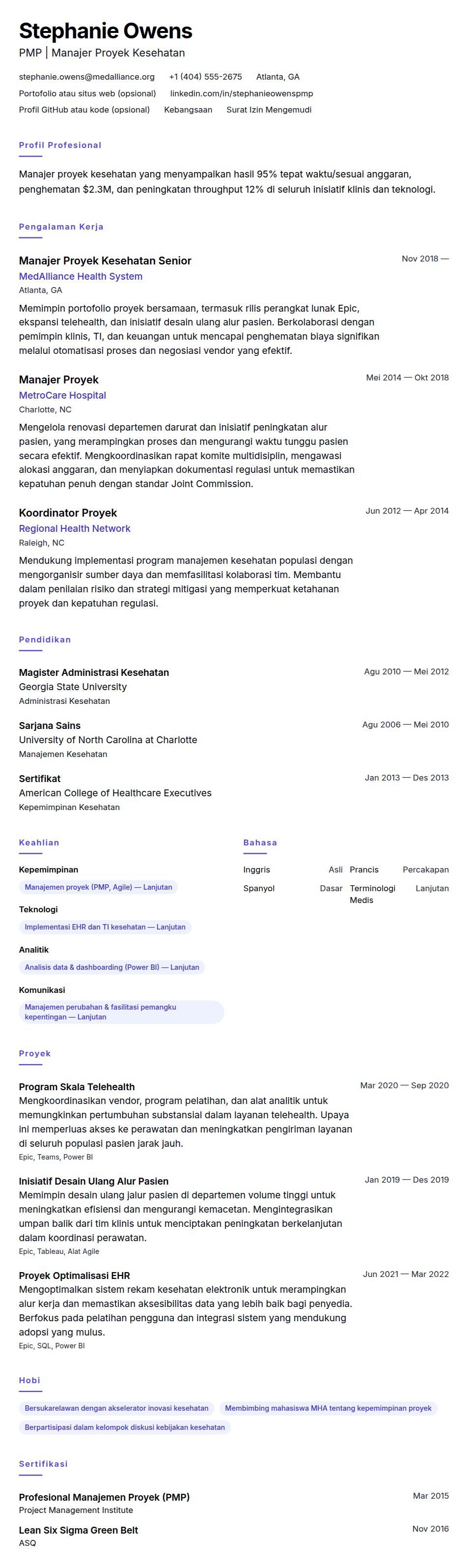 Pratinjau resume Contoh Resume Manajer Proyek Kesehatan