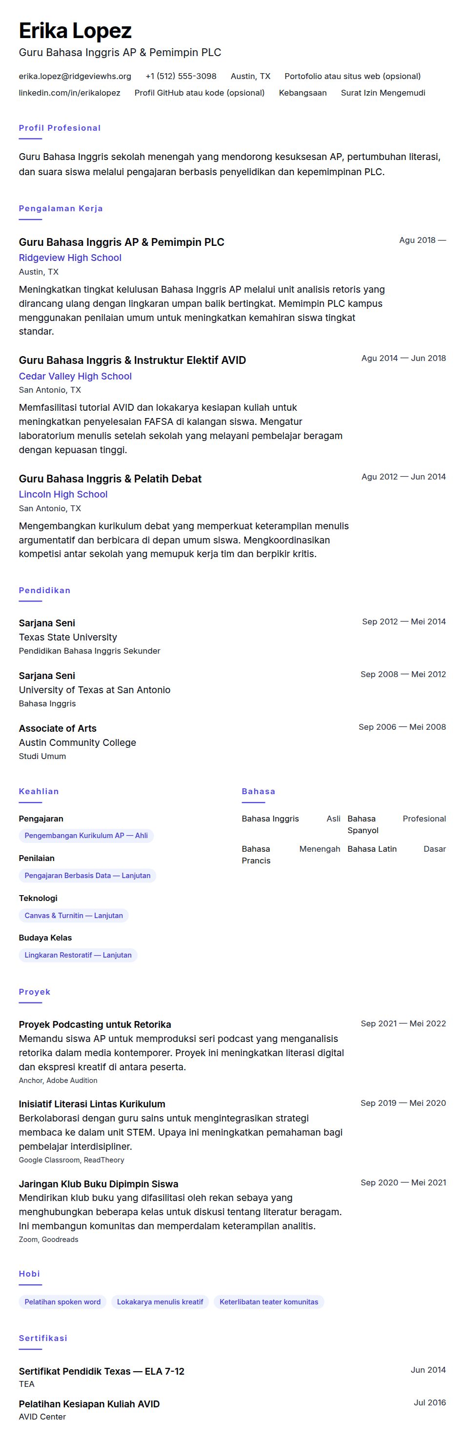 Pratinjau resume Contoh Resume Guru Sekolah Menengah