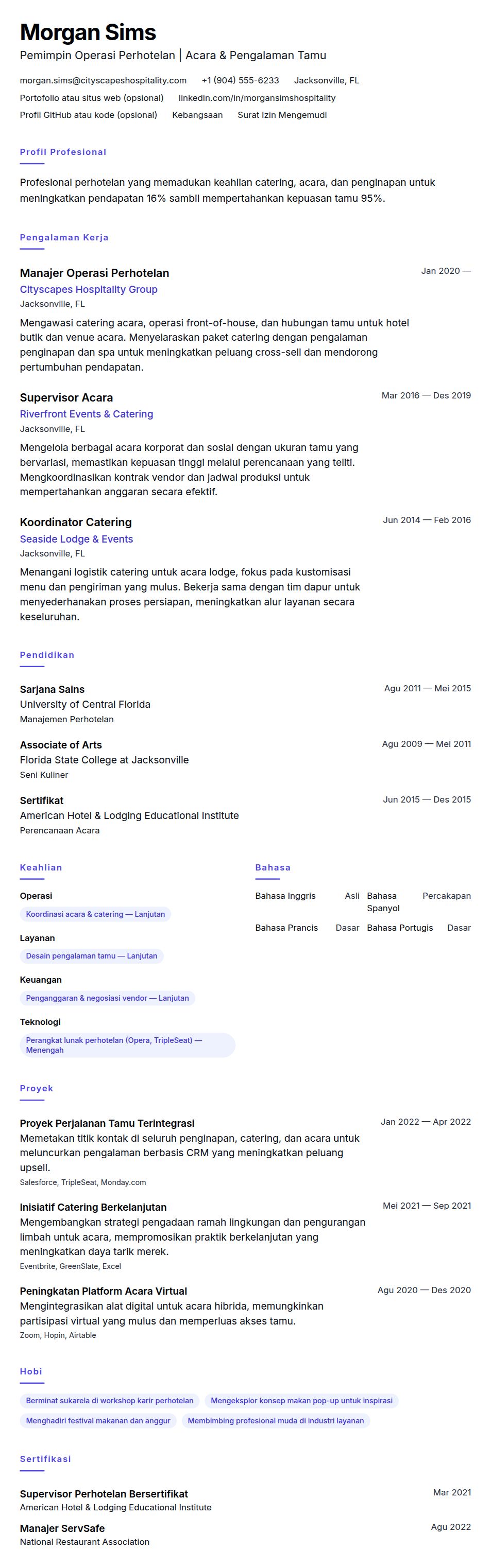 Pratinjau resume Contoh Resume Profesional Perhotelan dan Catering