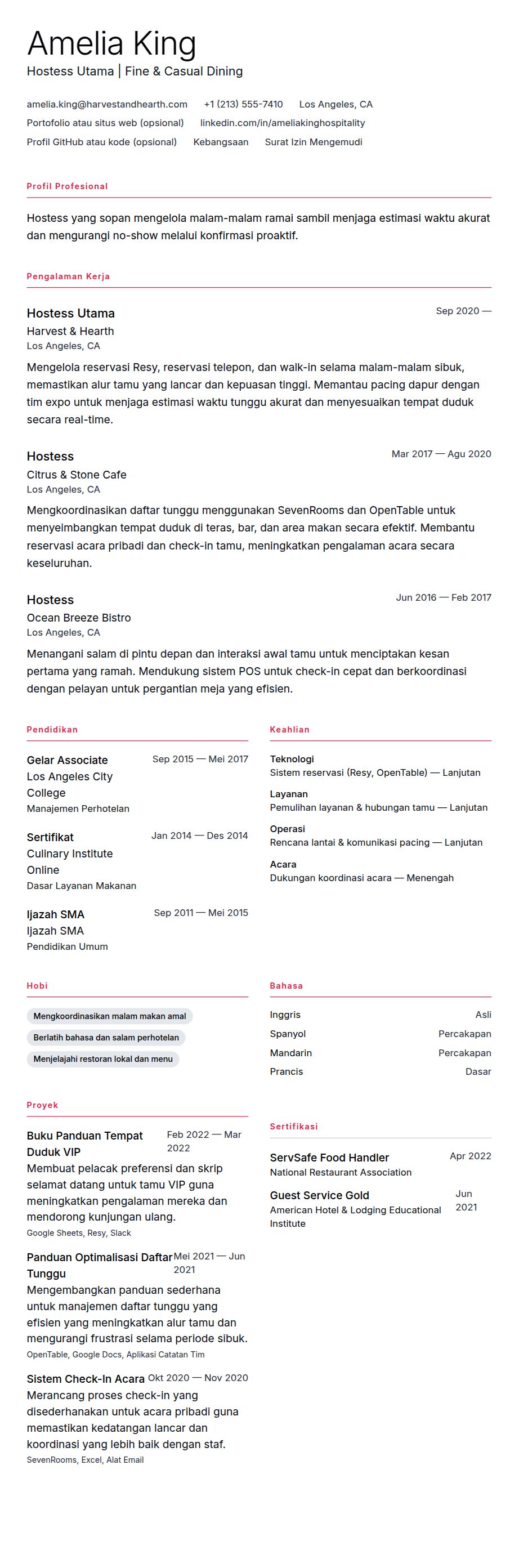 Pratinjau resume Contoh Resume Hostess