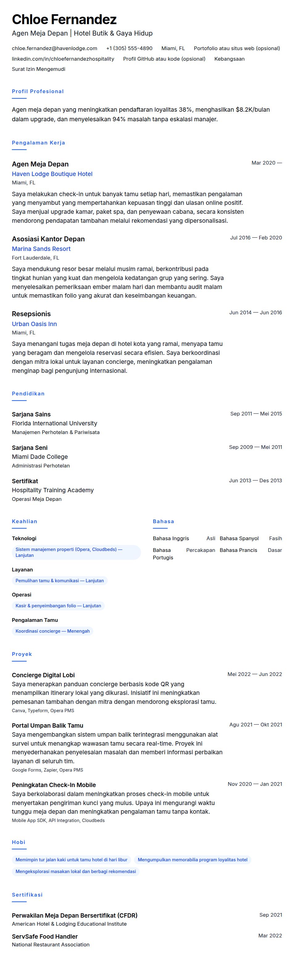 Pratinjau resume Contoh Resume Karyawan Meja Depan Hotel