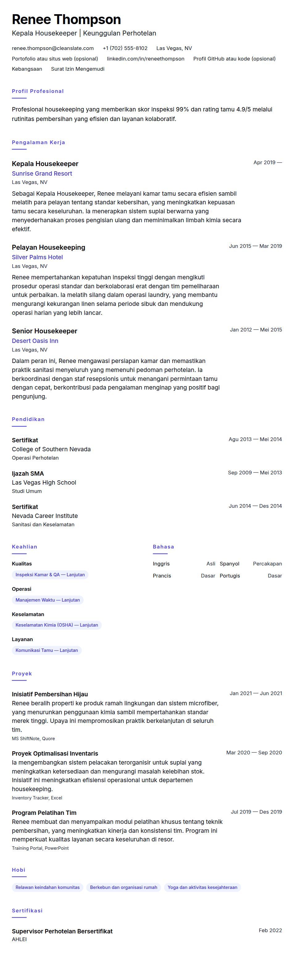 Pratinjau resume Contoh Resume Housekeeping