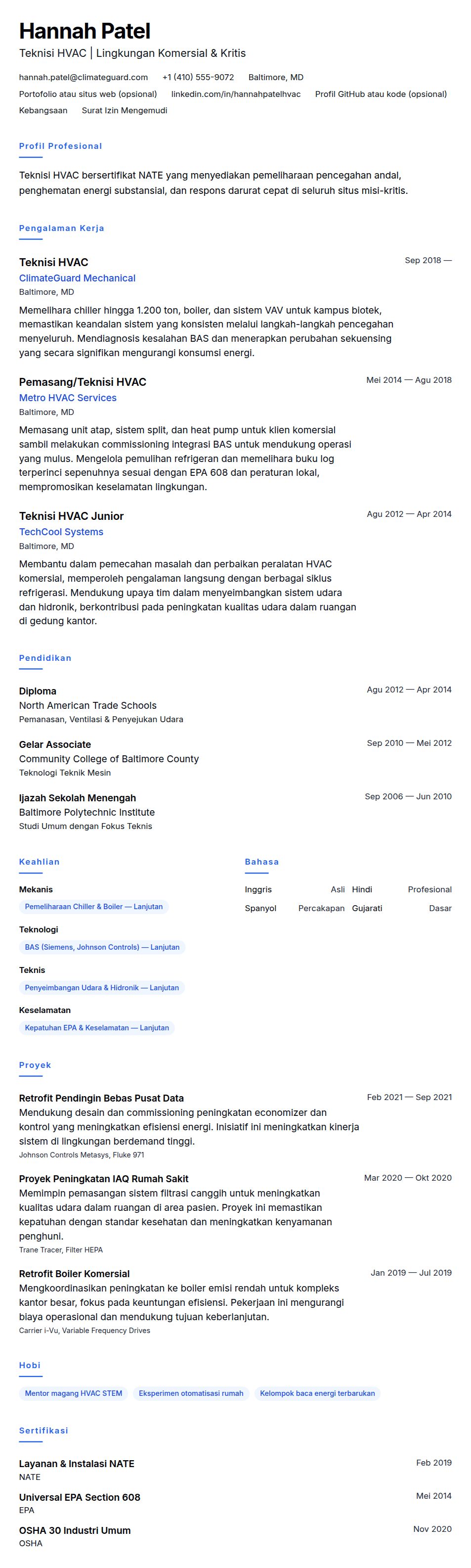 Contoh Resume Teknisi HVAC