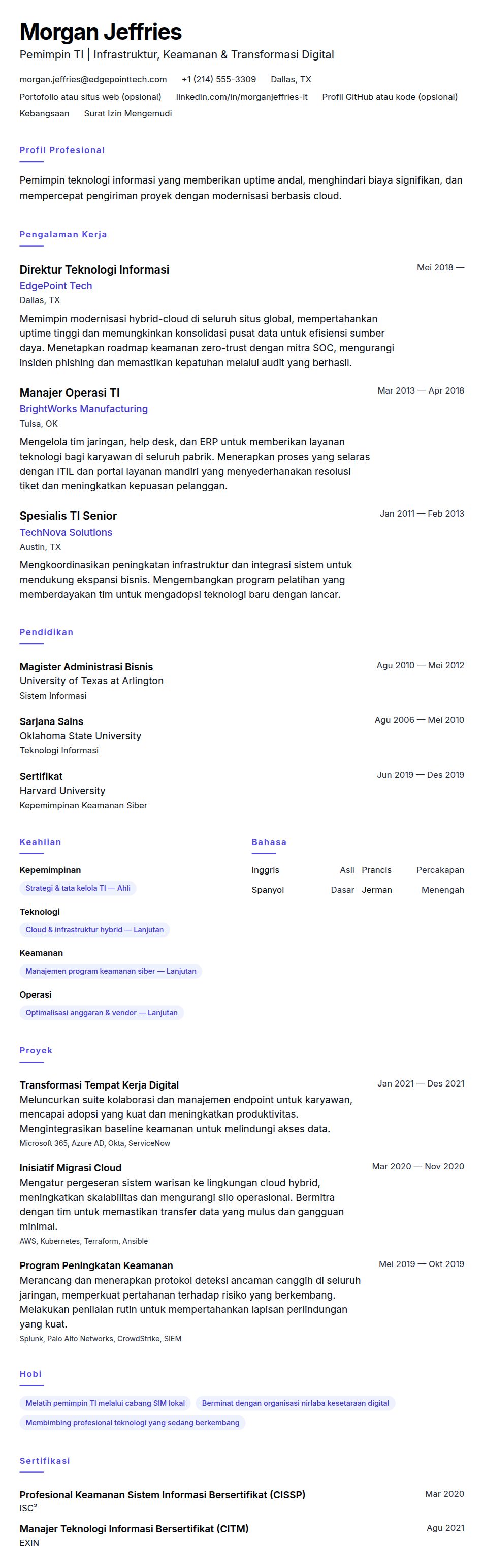 Pratinjau resume Contoh Resume Profesional Teknologi Informasi