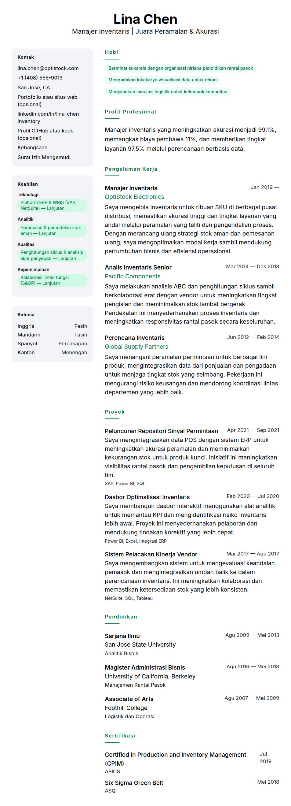 Pratinjau resume Contoh Resume Manajer Inventaris