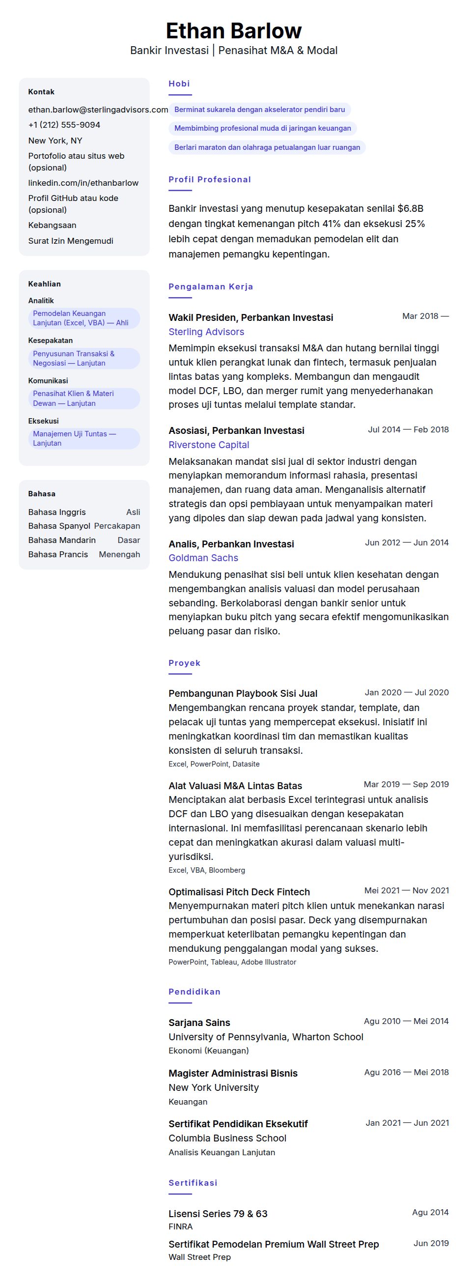 Pratinjau resume Contoh Resume Bankir Investasi