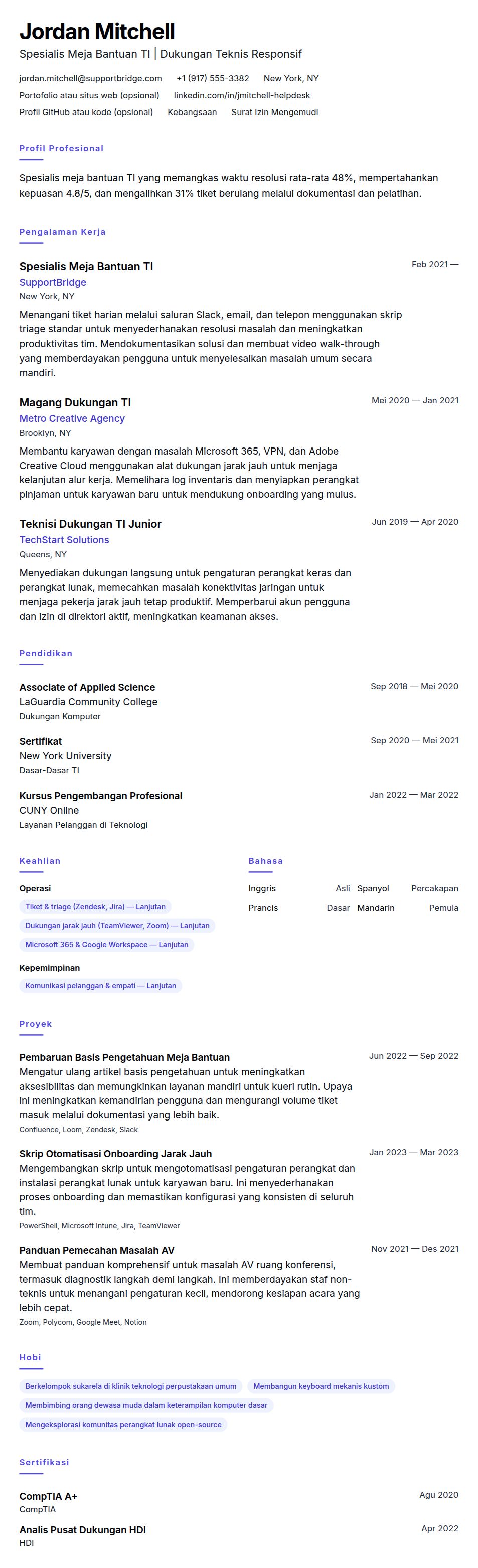 Pratinjau resume Contoh Resume Meja Bantuan TI