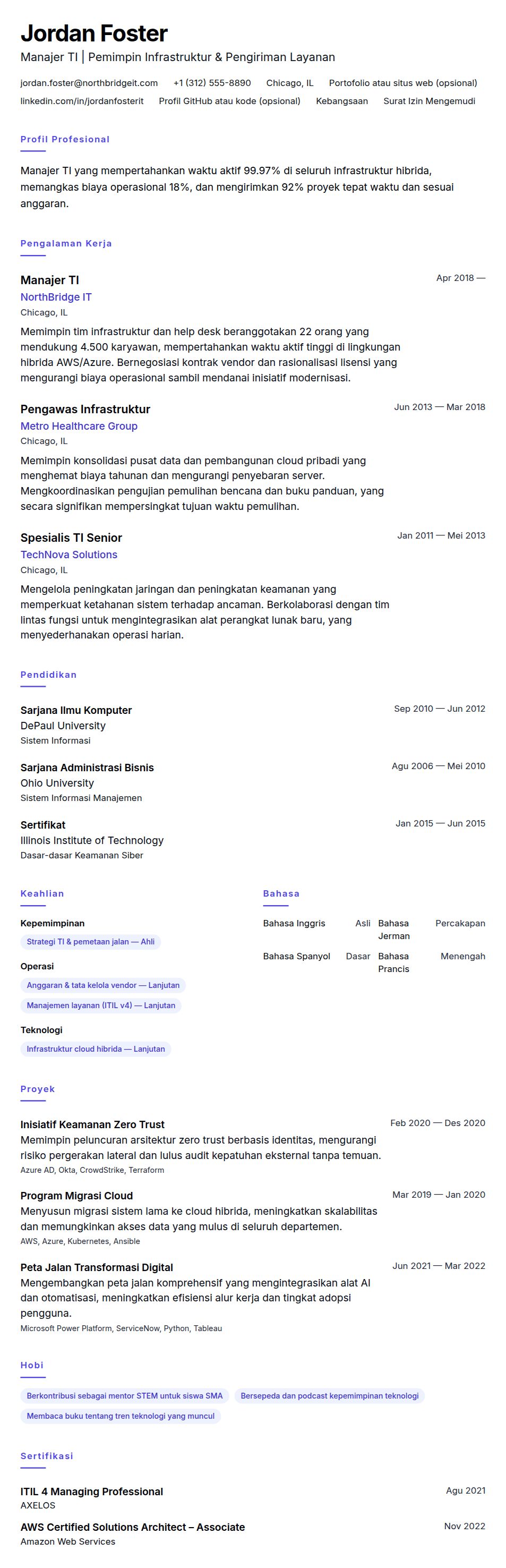 Pratinjau resume Contoh Resume Manajer TI