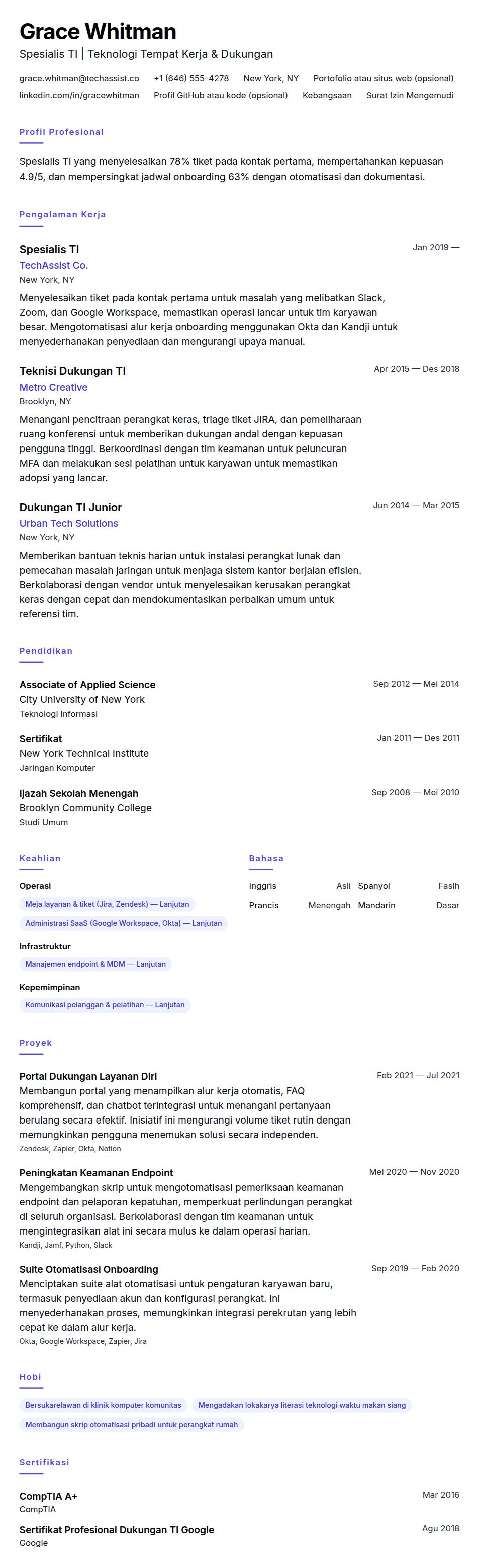 Pratinjau resume Contoh Resume Spesialis TI